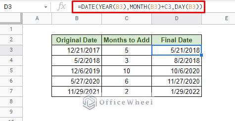 using date function and cell reference to add month to date in google sheets