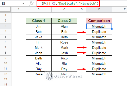 using if function to compare two columns for duplicates in google sheets