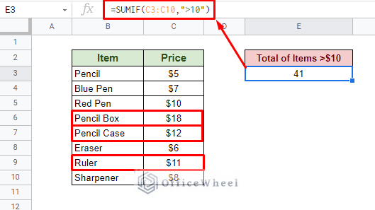 using sumif for conditional sum in google sheets
