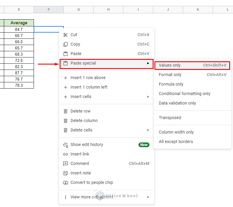 navigating paste special to values only