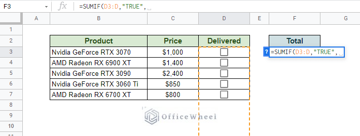 inputting the criterion for the sumif function