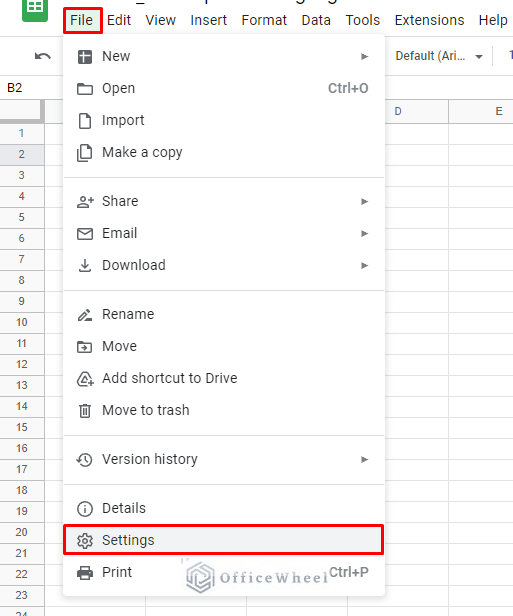 navigating to spreadsheet settings from the file tab