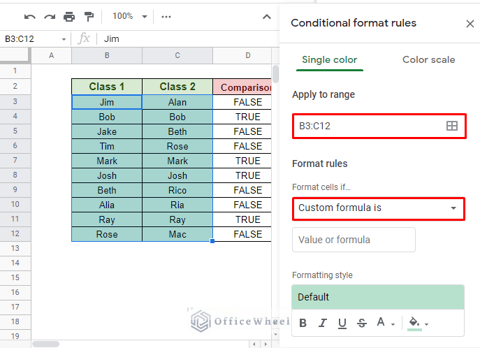set up for conditional formatting