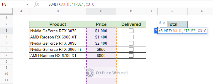 inputting the sum range for the sumif function in google sheets