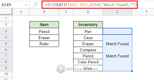 using countif function to compare two columns for duplicates in google sheets