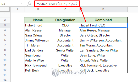 using concatenate function to concatenate with separator in google sheets