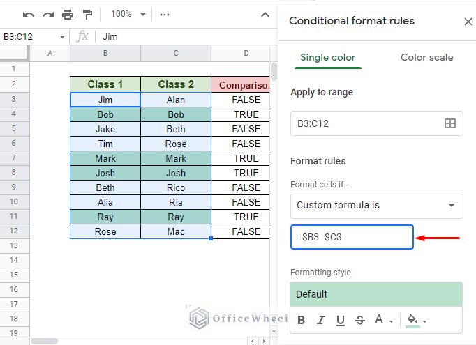applying conditional formatting to compare two columns for matching rows in google sheets