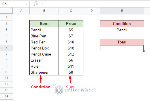 sum and condition are in separate columns
