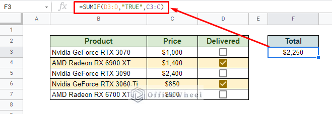 using the sumif function in google sheets to sum if checked