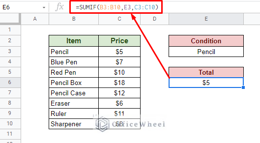 conditional sum from a different column in google sheets