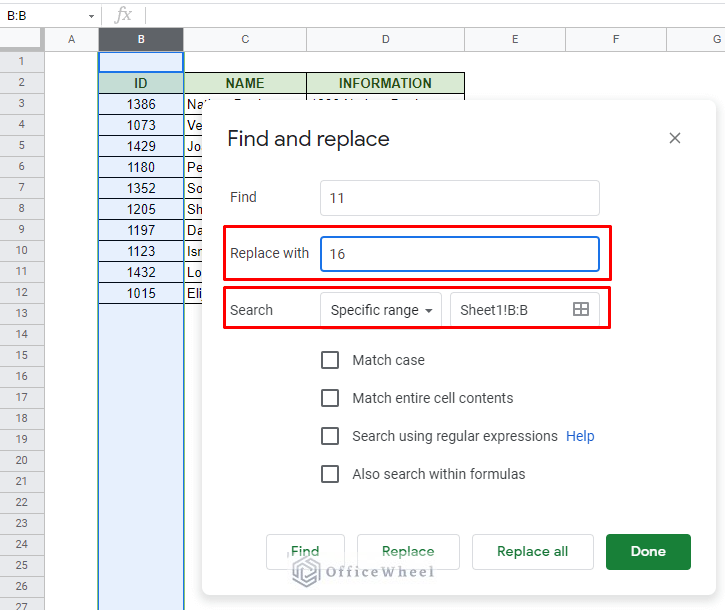 conditions to find and replace in column in google sheets
