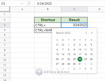 the date picker appearing on a cell containing a date