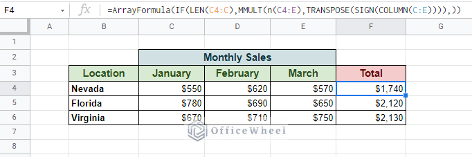 using matrix multiplication to sum multiple rows in google sheets