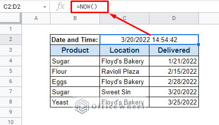 using now function to return current date and time in google sheets