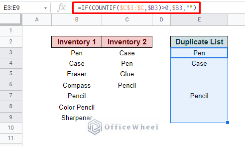 making a duplicate list by comparing two columns in google sheets