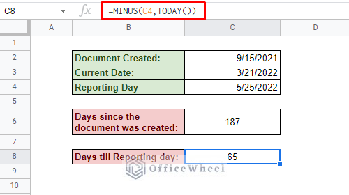 using minus function to calculate the days from today in google sheets