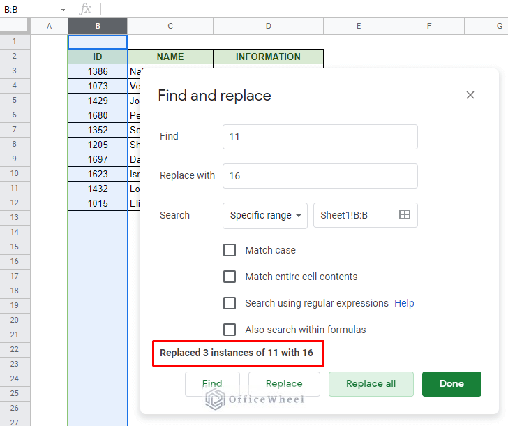 find and replace in column in google sheets message