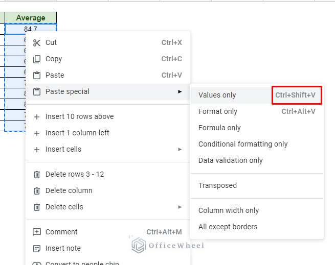 keyboard shortcut for paste values only