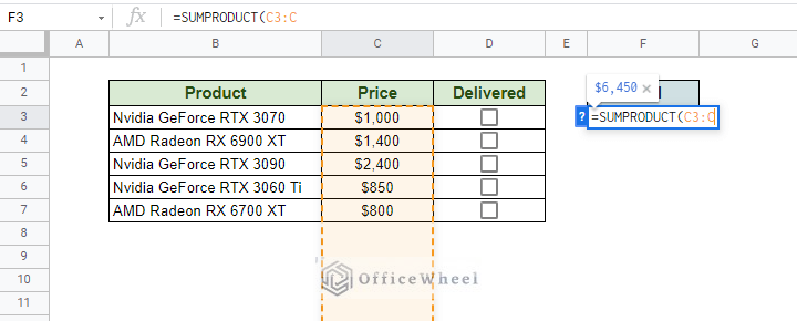 inputting the price range in the sumproduct function