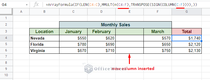 inserting a new column simply updates the formula