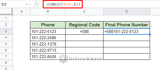 using concat function to concatenate strings in google sheets