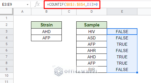 using countif function and if condition to compare two columns