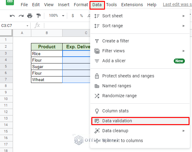 navigating to data validation from the data tab