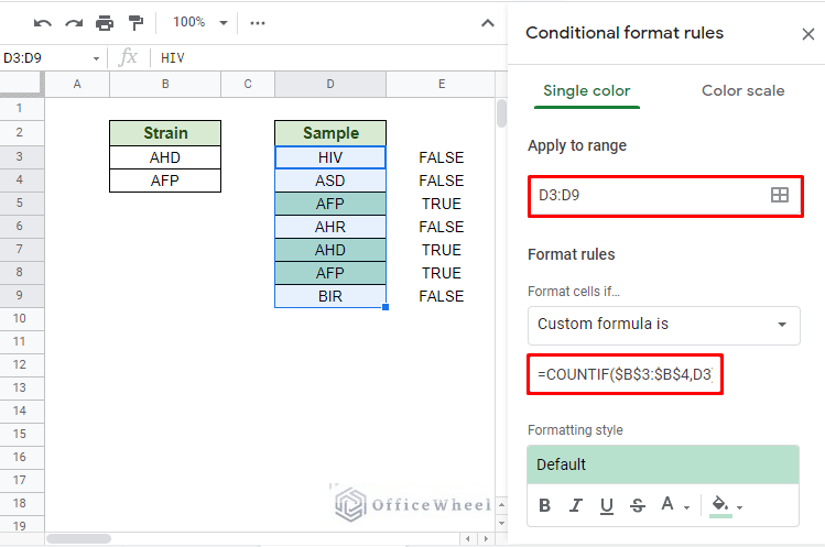 using conditional formatting to compare two columns in google sheets to count occurrences