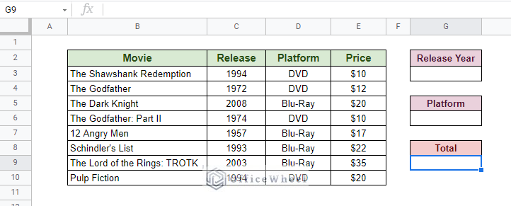 dataset for multiple condition sum in google sheets