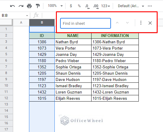 the find panel in google sheets
