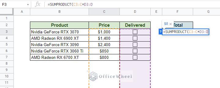 inputting the range of the delivered column