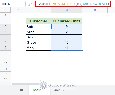 sumif from another worksheet in google sheets from the same worksheet