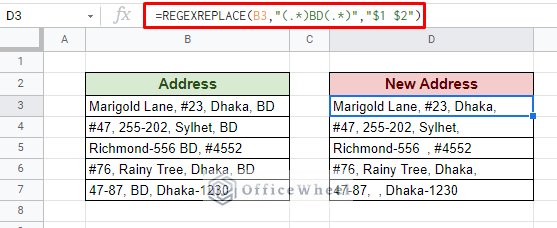 using regexreplace function to find and delete text value in google sheets with regular expressions