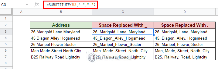 Replacing space with underscore and comma in Google Sheets with Substitute formula