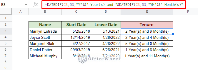 how to calculate tenure of years and months in google sheets