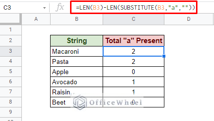 count character occurrence in google sheets using len and substitute functions