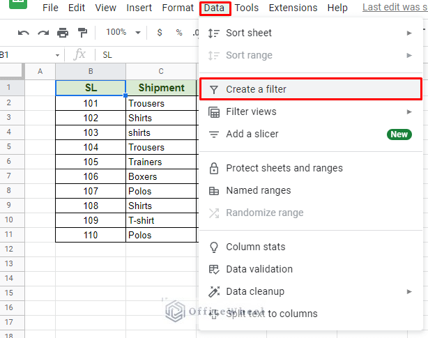 navigating the data tab to find create a filter option