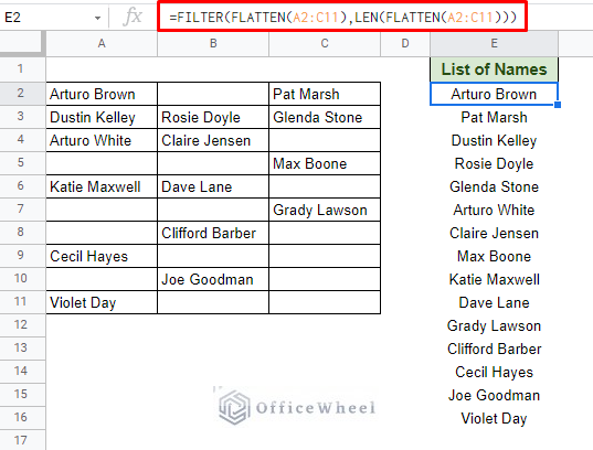 list cells with values in a column in google sheets