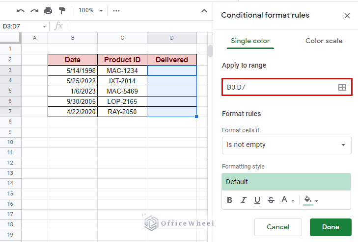 setting up conditional formatting range