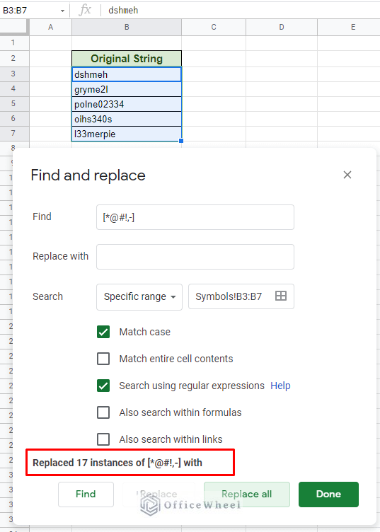 using find and replace to remove special characters in google sheets