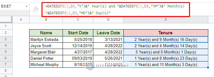 tenure with years, months and days in google sheets