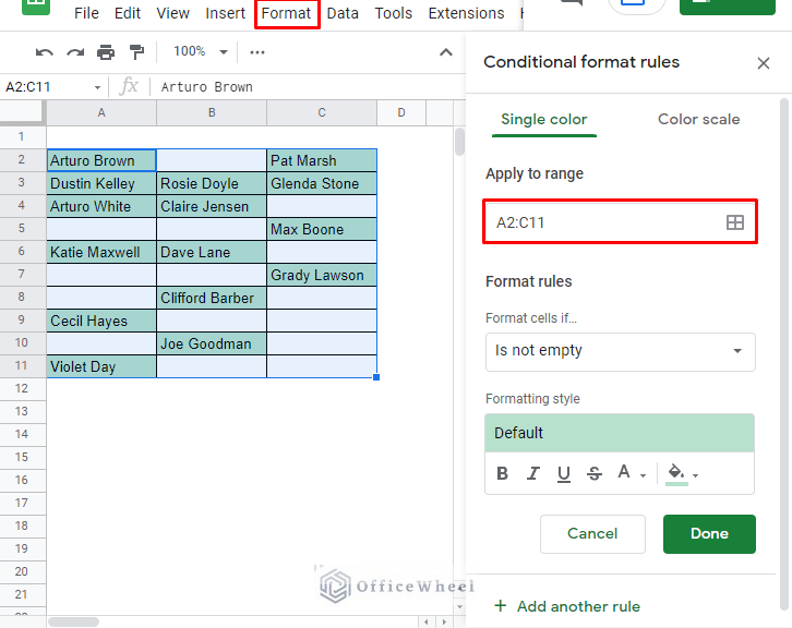 find and highlight all cells with values in google sheets