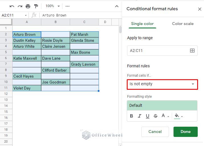 setting the is not empty option in conditional formatting