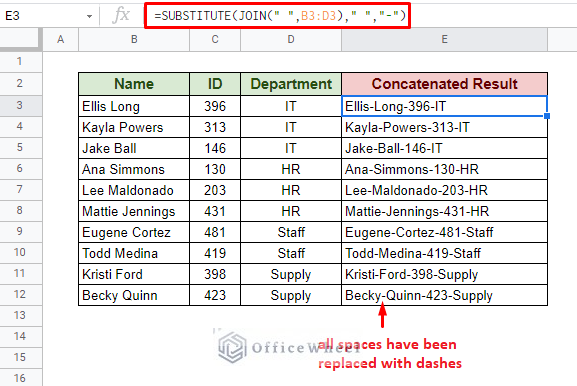 using substitute and join to replace space with dash in google sheets