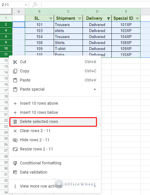 delete selected rows to completely remove data