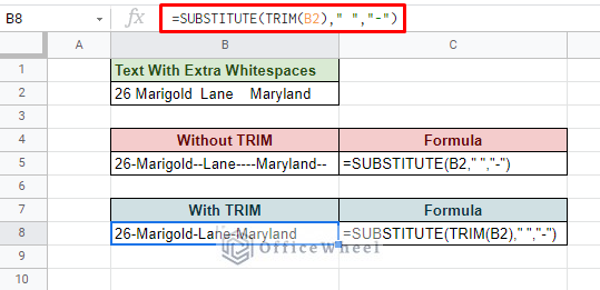 trimming extra whitespace using the trim function in substitute