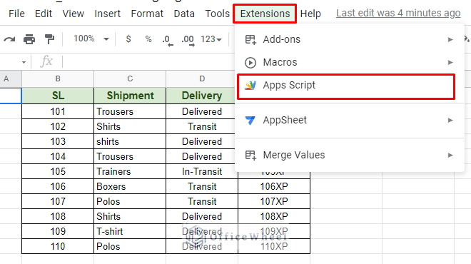 finding google apps script in the extensions tab