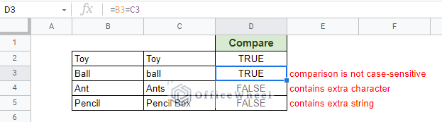 using the comparison operator to compare different combination of text
