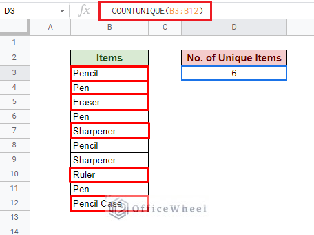 count unique items in google sheets using countunique function
