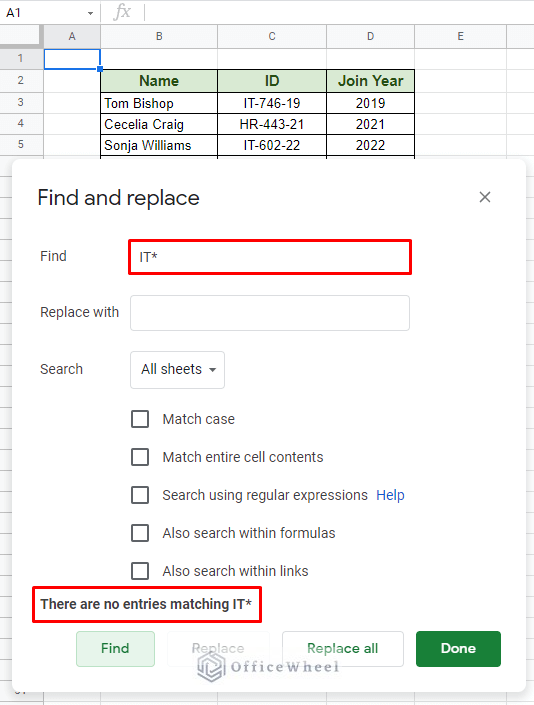 you cannot use wildcards in find and replace in google sheets